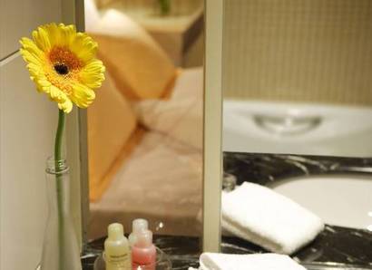 The Yellow Room - Bathroom - Sheer glass and mirror give the bathroom an airy feel